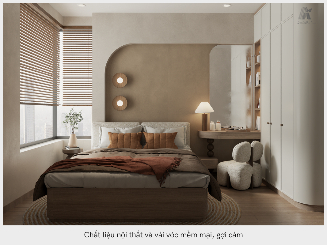 Màu sơn phòng ngủ lãng mạn kết hợp với chất liệu nội thất phù hợp tạo nên tổng thể mềm mại, gợi cảm