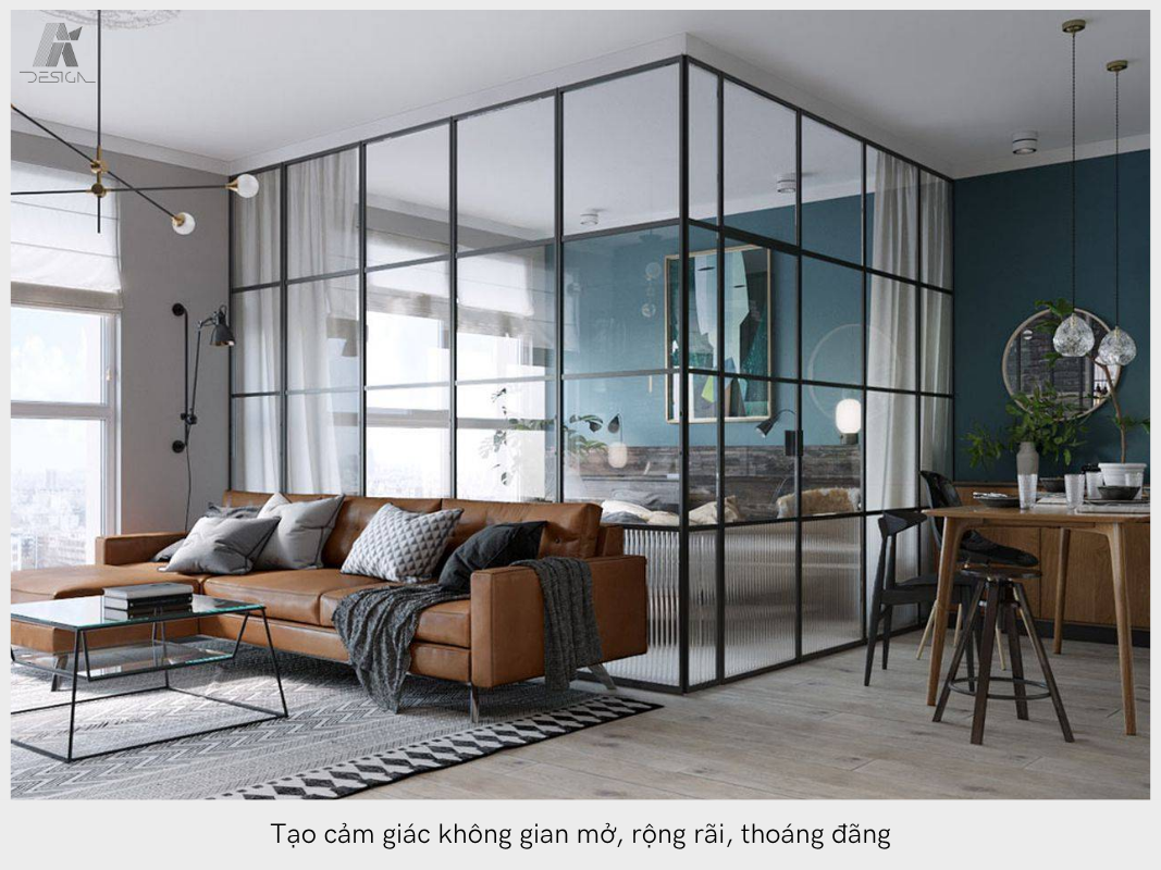 Sử dụng vách kính trong không gian nội thất giúp tạo cảm giác không gian mở, rộng rãi, thoáng đãng